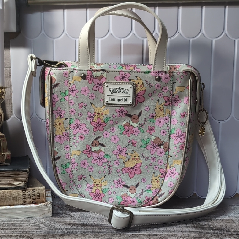 Loungefly Pikachu & Evee Floral Crossbody Bag - Pink and Cream